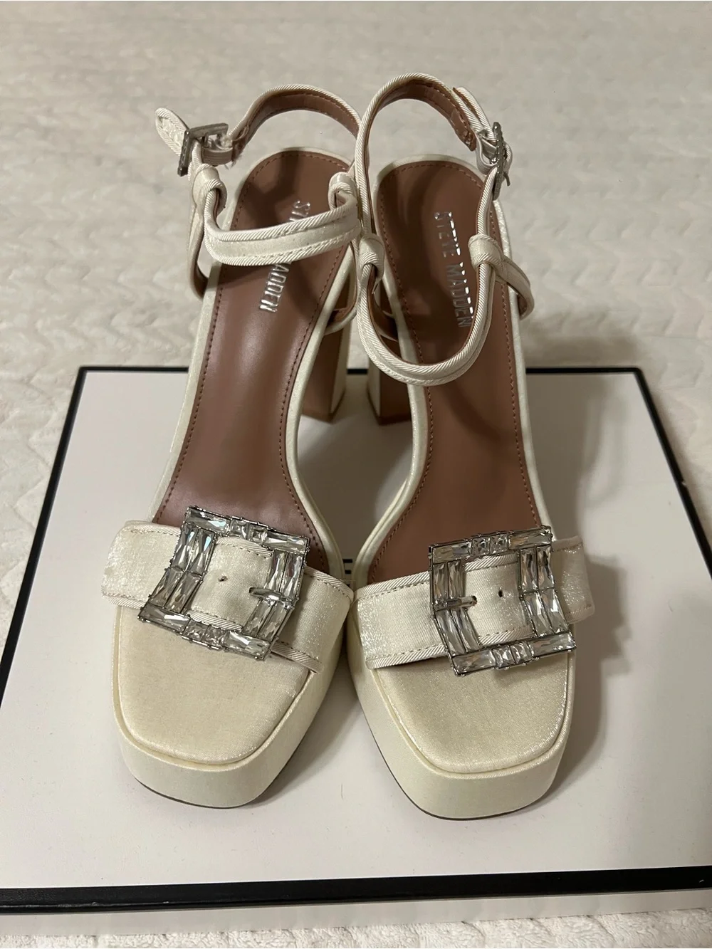 Steve Madden Ivory Satin Block Heel Sandals with Crystal Buckle